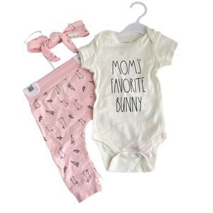 NEW Rae Dunn Baby Outfit Bodysuit Headband Pants 0-3 Months 3 Pc Easter Bunny